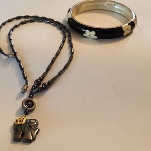Hemitite 18" Elephant Necklace with Black 7 Inch Enamel Bangle
